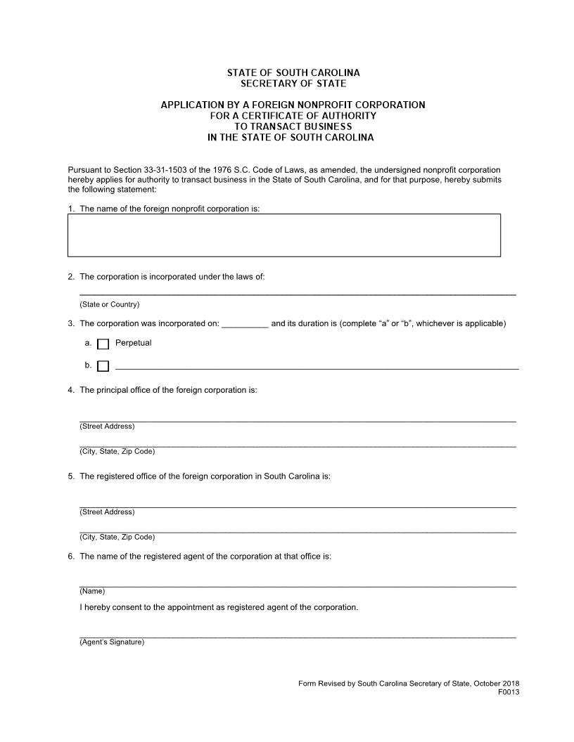 Application For A Certificate Of Authority To Transact Business (Non Profit-Foreign) {F0013} | Pdf Fpdf Docx | South Carolina