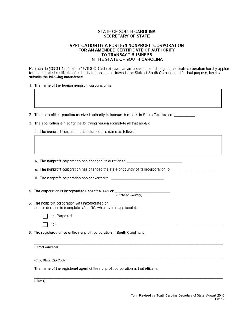 Application For An Amended Certificate Of Authority To Transact Business {F0117} | Pdf Fpdf Docx | South Carolina