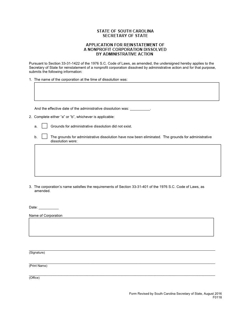 Application For Reinstatement Of A Corporation Dissolved By Administrative Action (Non Profit) {F0118} | Pdf Fpdf Docx | South Carolina