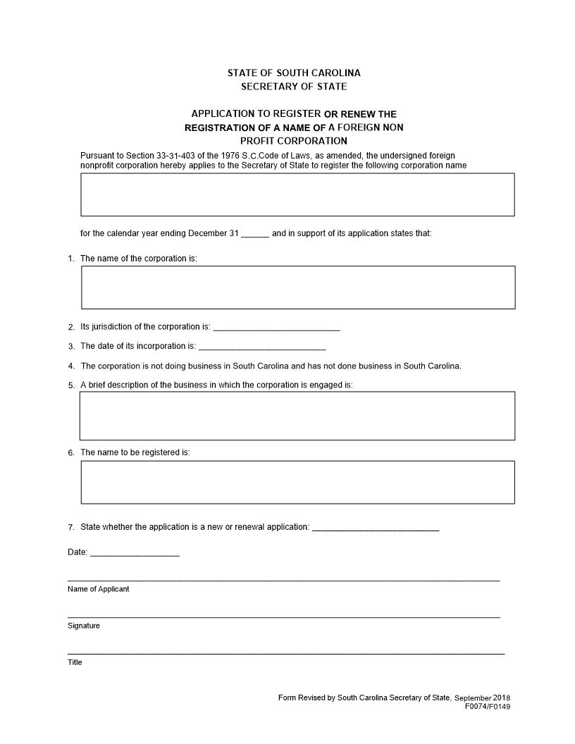 Application To Register Or Renew The Registration Of A Name (Foreign Nonprofit) {F0074 F0149} | Pdf Fpdf Docx | South Carolina