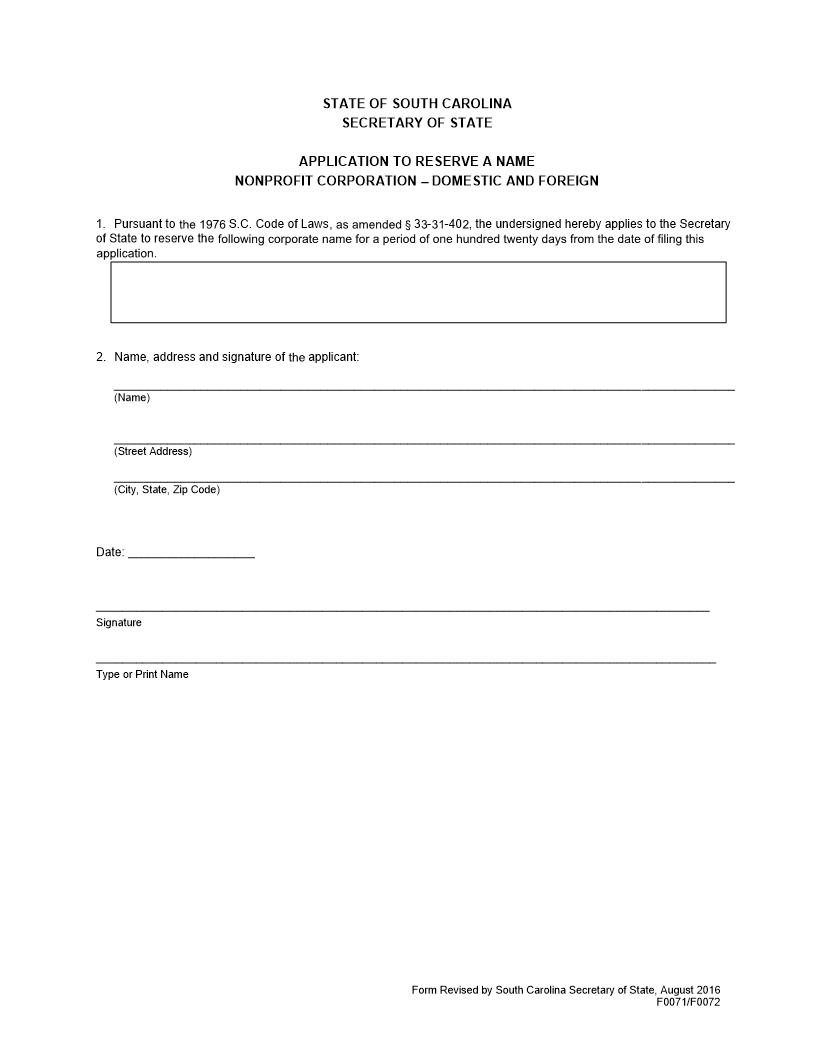 Application To Reserve A Nonprofit Corporation Name {F0071 F0072} | Pdf Fpdf Docx | South Carolina