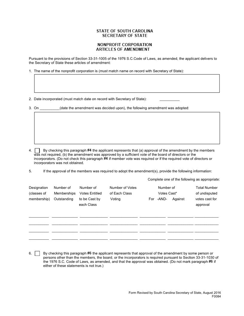 Articles Of Amendment (Non Profit-Domestic) {F0084} | Pdf Fpdf Docx | South Carolina