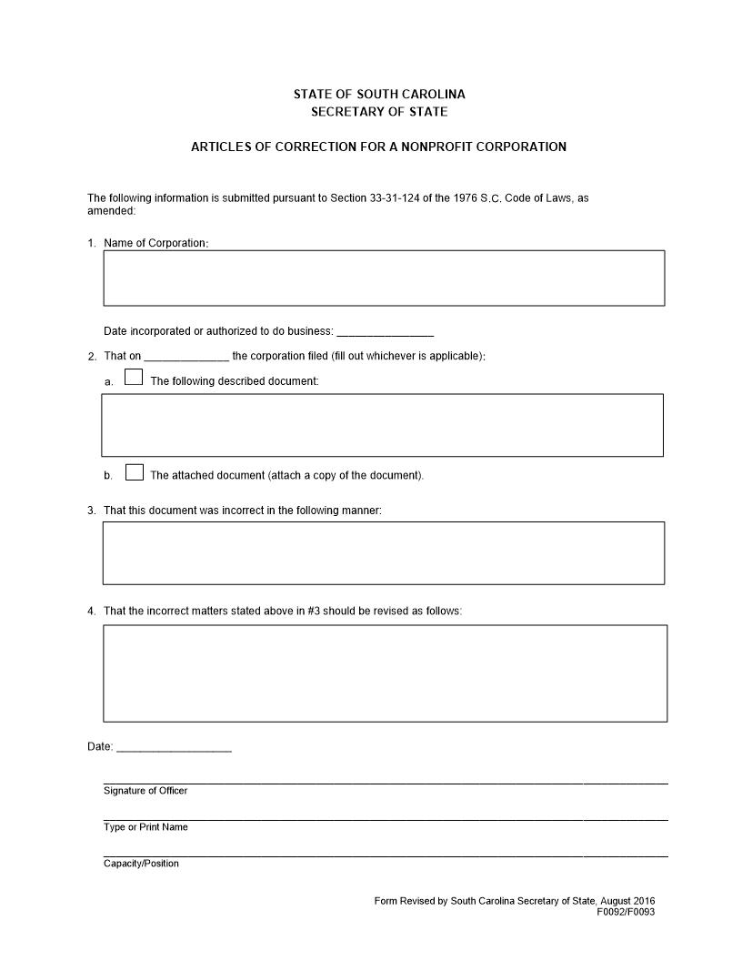 Articles Of Correction (Non Profit) {F0092 F0093} | Pdf Fpdf Docx | South Carolina