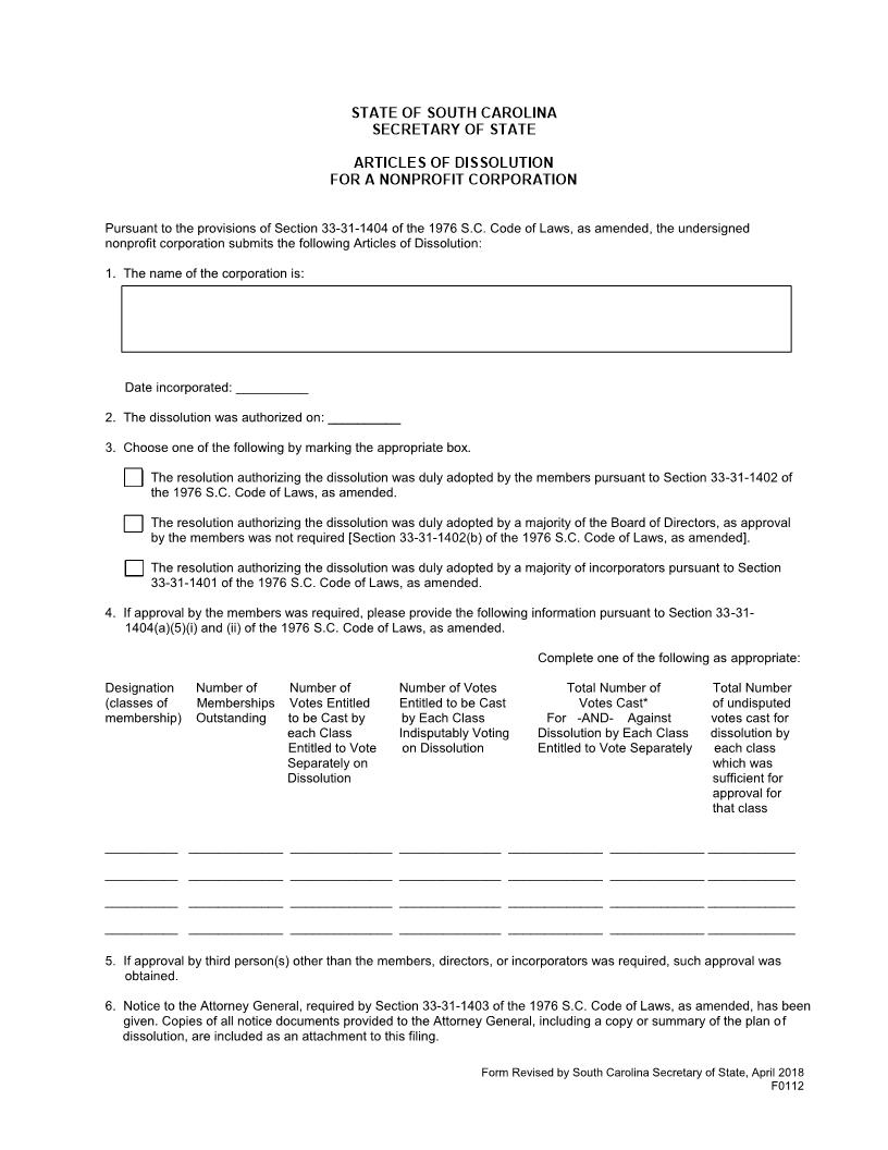Articles Of Dissolution (Non Profit-Domestic) {F0112} | Pdf Fpdf Docx | South Carolina