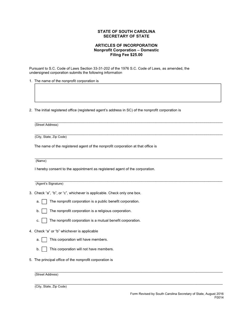 Articles Of Incorporation (Non Profit-Domestic) {F0014} | Pdf Fpdf Docx | South Carolina