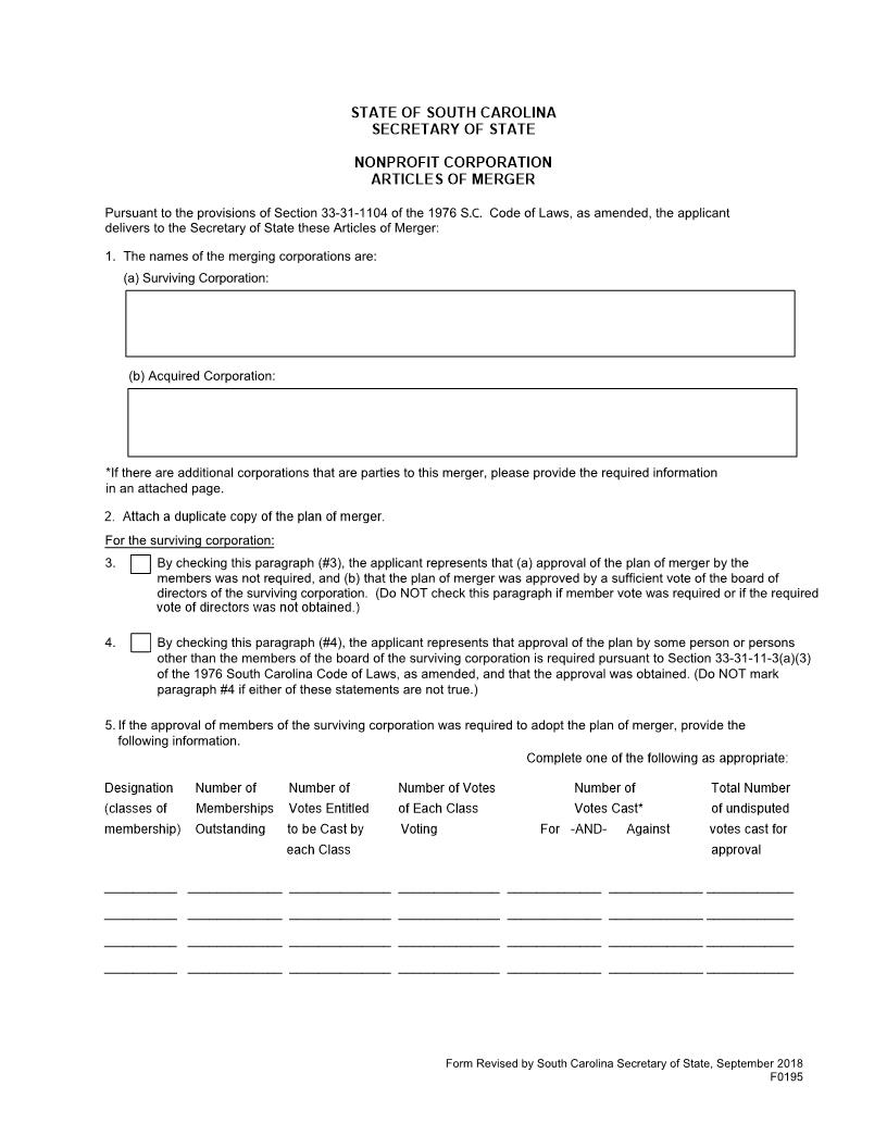 Articles Of Merger (Non Profit) {F0105} | Pdf Fpdf Docx | South Carolina