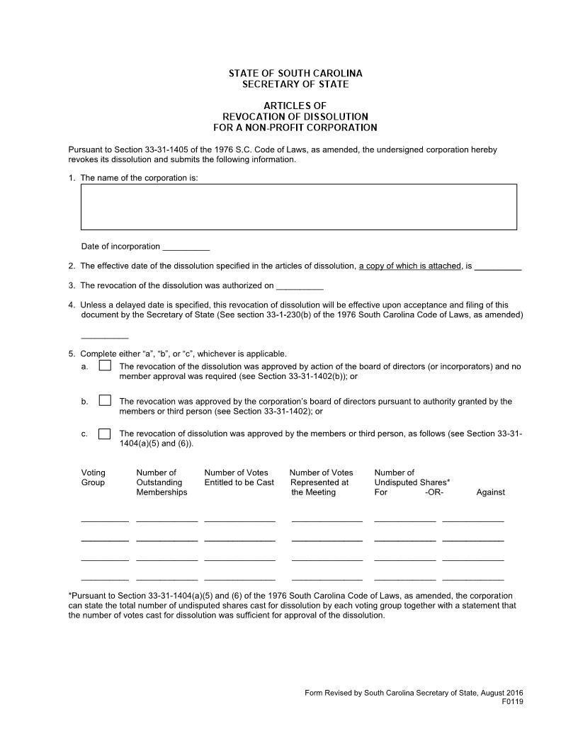 Articles Of Revocation Of Dissolution (Non Profit-Domestic) {F0119} | Pdf Fpdf Docx | South Carolina