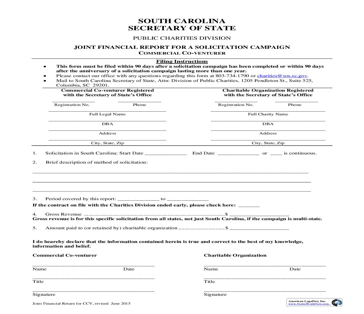 Joint Financial Report For Commercial Co-Venturer (Solicitation Campaign) | Pdf Fpdf Doc Docx | South Carolina