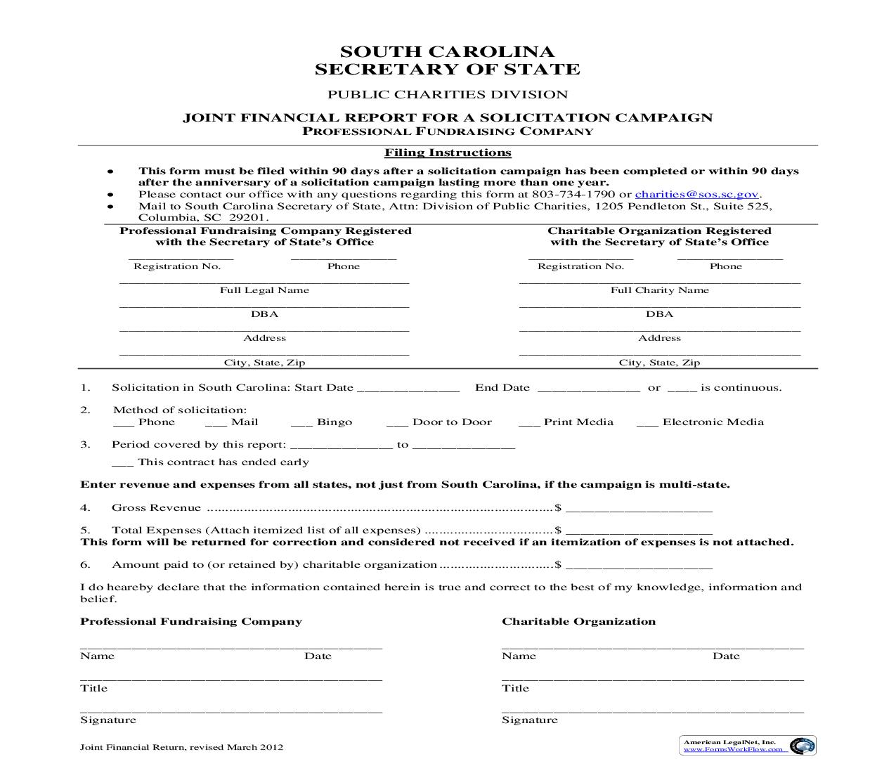 Joint Financial Report For Solicitation Campaign | Pdf Fpdf Doc Docx | South Carolina