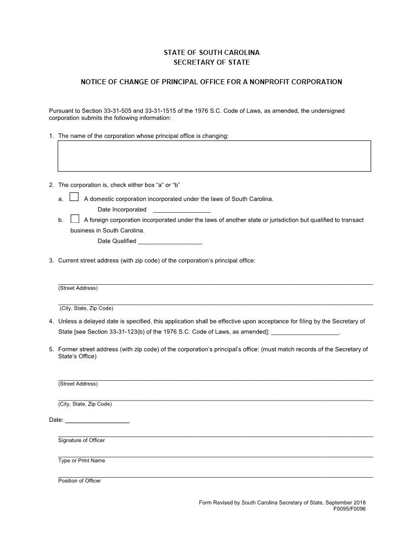 Notice Of Change Of Principal Office (Non Profit-Domestic) {F0095 F0096} | Pdf Fpdf Docx | South Carolina
