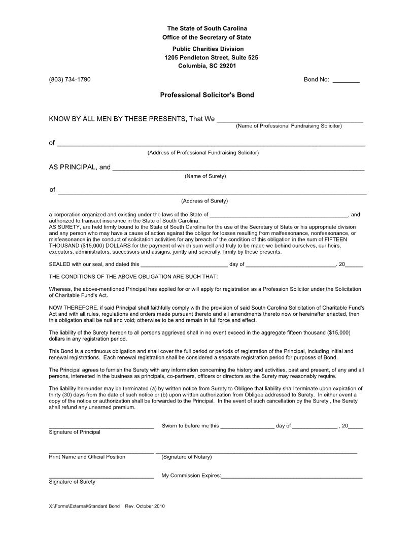 Professional Solicitors Bond | Pdf Fpdf Doc Docx | South Carolina
