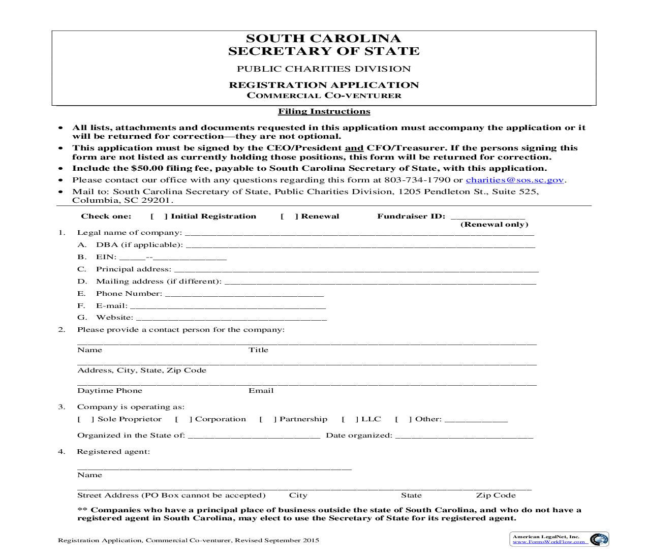 Registration Application Commercial Co-Venturer | Pdf Fpdf Doc Docx | South Carolina