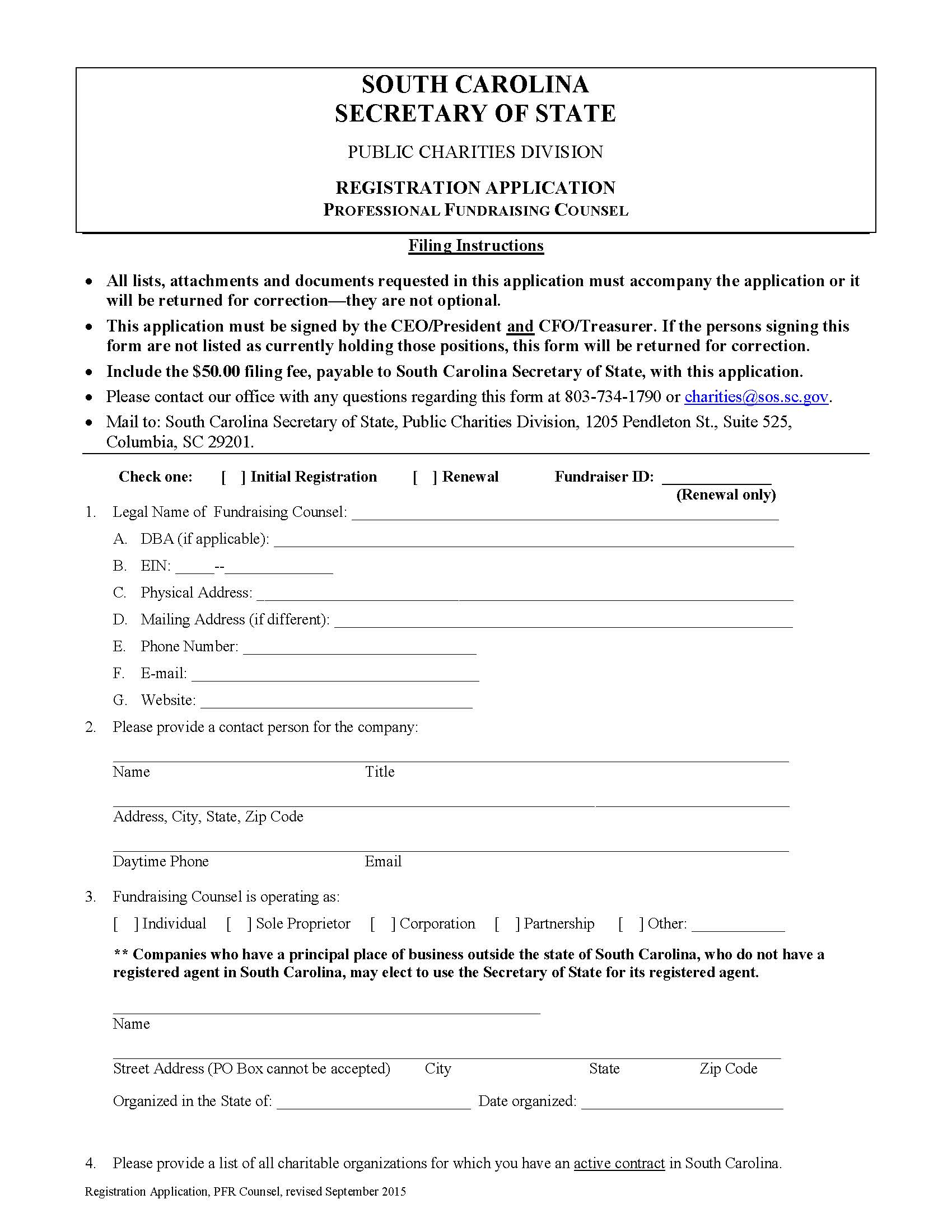 Registration Application For Professional Fundraising Counsel | Pdf Fpdf Doc Docx | South Carolina
