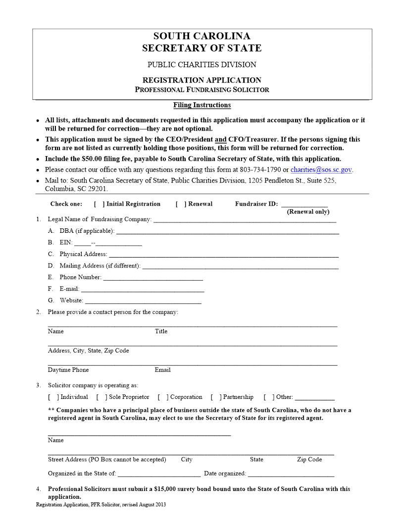 Registration Application For Professional Fundraising Solicitor | Pdf Fpdf Doc Docx | South Carolina