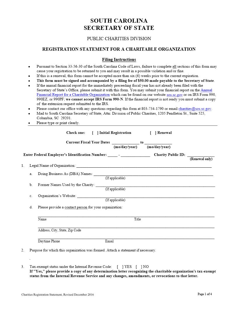 Registration Statement For Charitable Organization | Pdf Fpdf Doc Docx | South Carolina