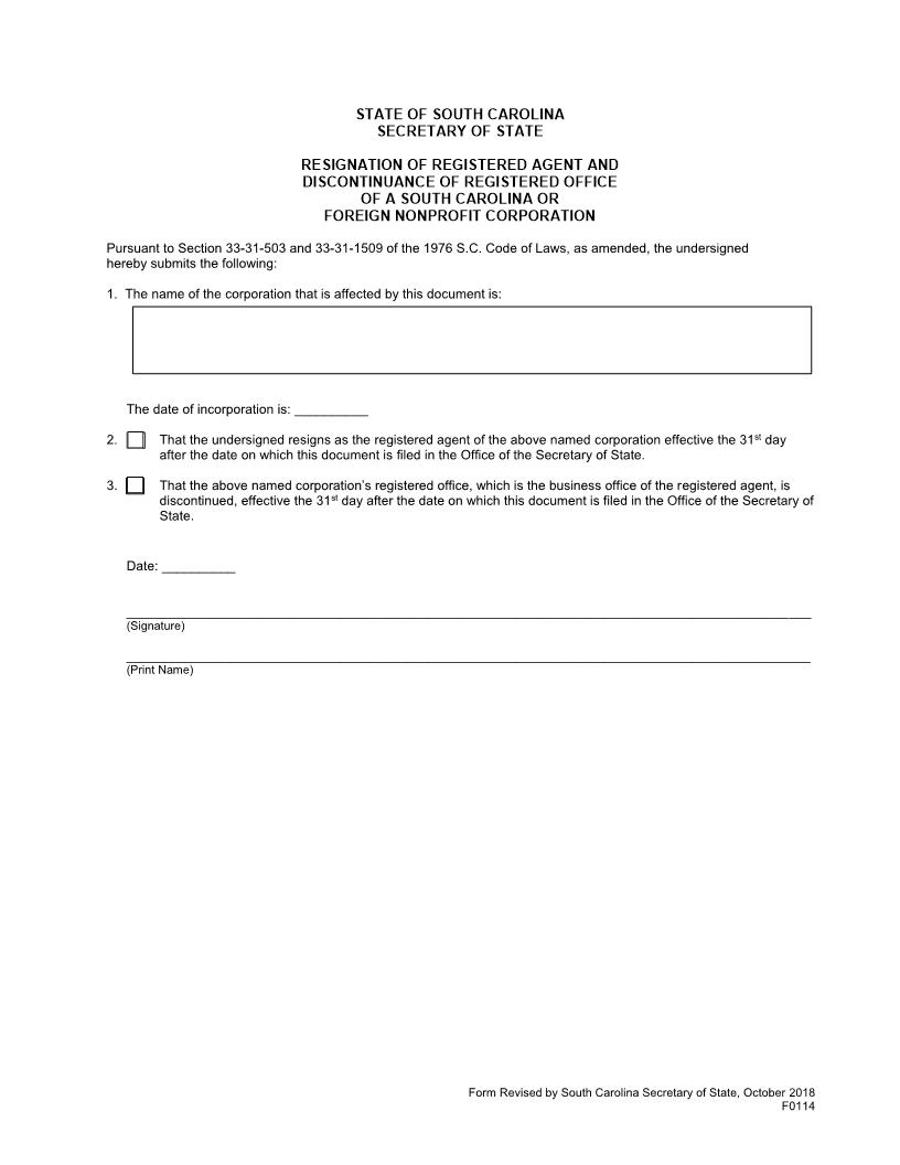 Resignation Of Registered Agent And Discontinuance Of Registered Office (Non Profit-Domestic) {F0114} | Pdf Fpdf Docx | South Carolina