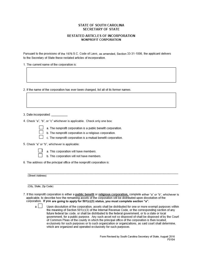 Restated Articles Of Incorporation (Non Profit-Domestic) {F0104} | Pdf Fpdf Docx | South Carolina