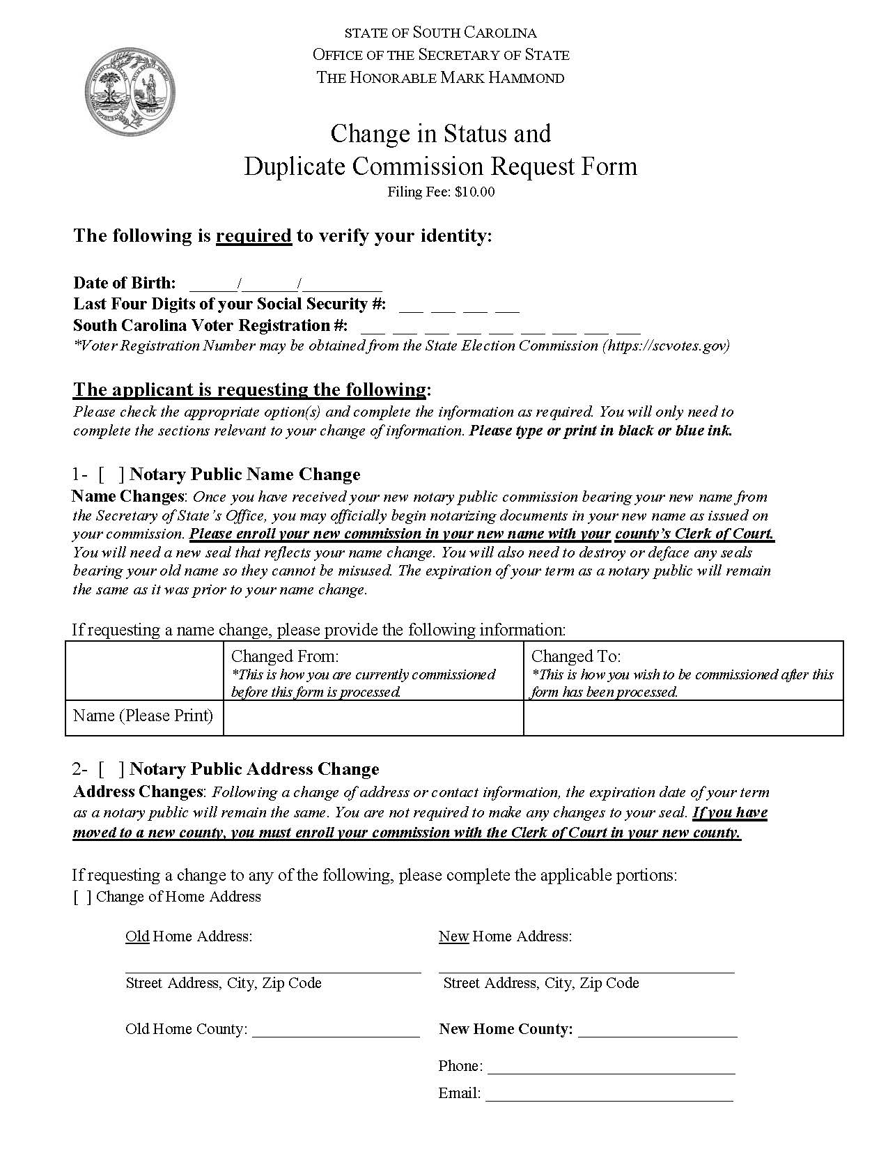 Change In Status (And Duplicate Commission Request Form) | Pdf Fpdf Docx | South Carolina