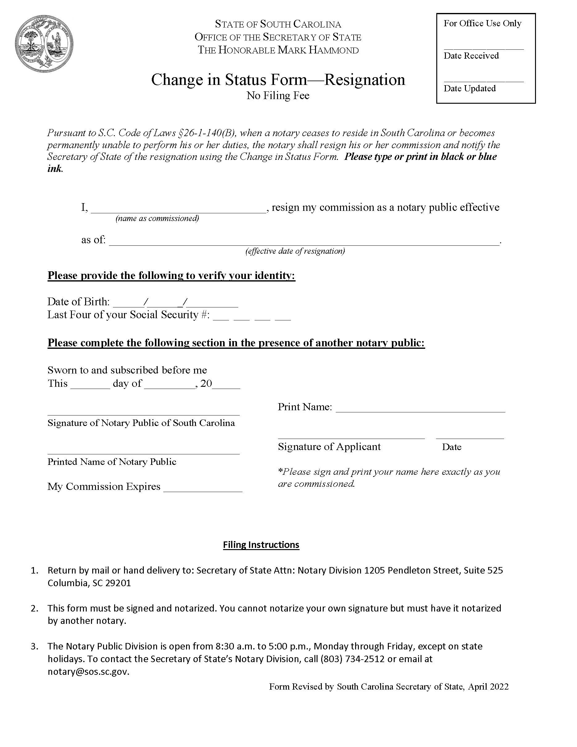 Change In Status Resignation Form | Pdf Fpdf Docx | South Carolina