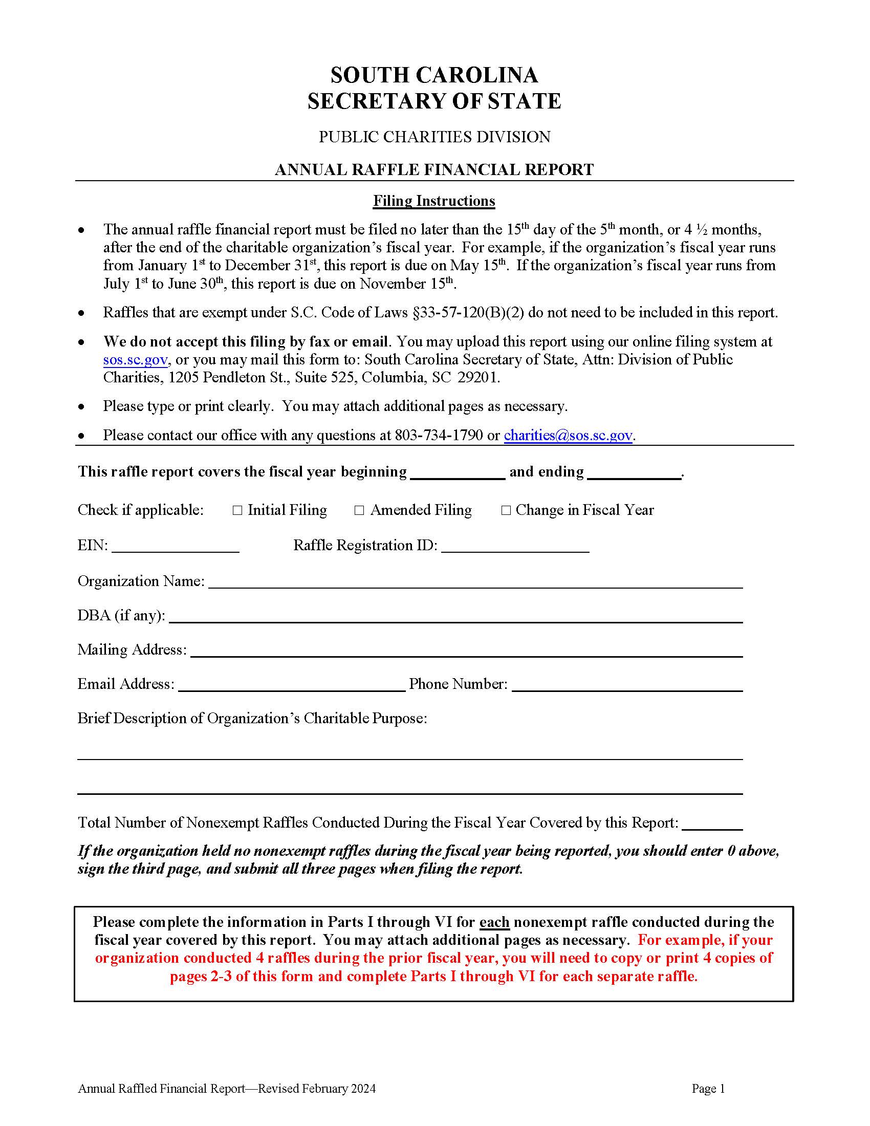 Annual Raffle Financial Report | Pdf Fpdf Doc Docx | South Carolina