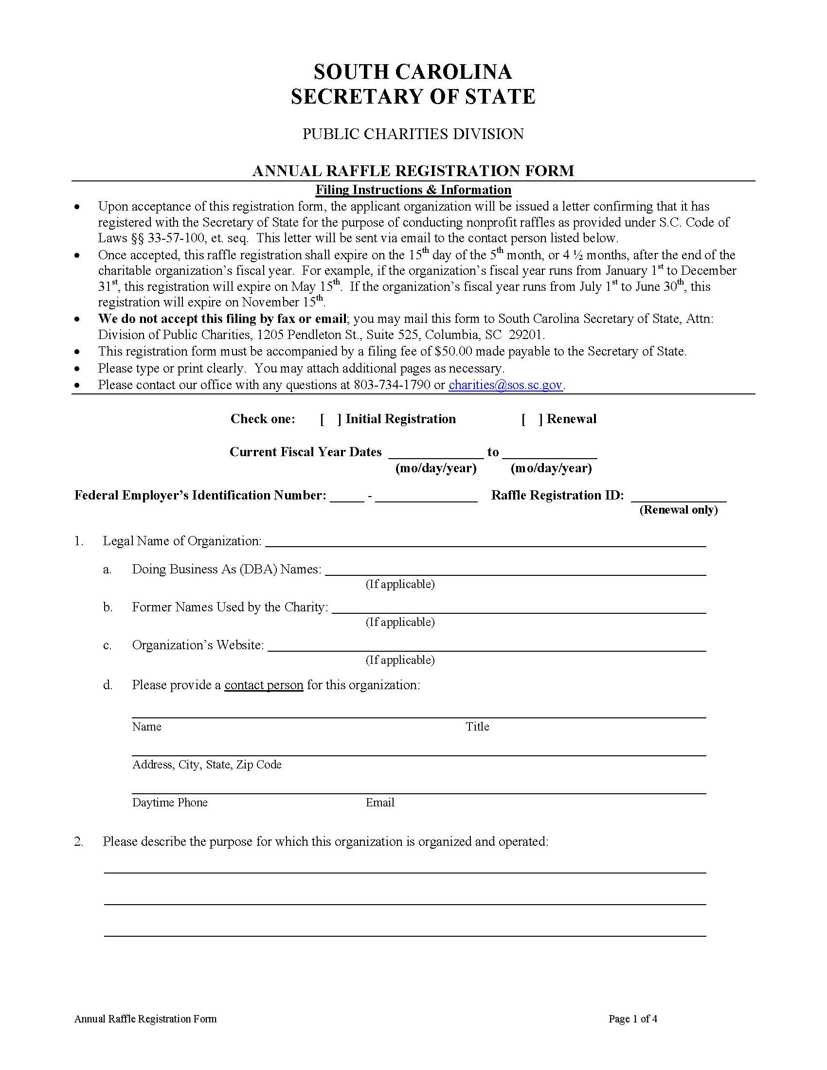 Annual Raffle Registration Form | Pdf Fpdf Docx | South Carolina