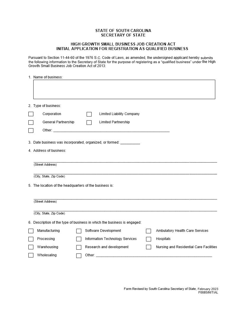 Initial Application For Registration As A Qualified Business | Pdf Fpdf Doc Docx | South Carolina
