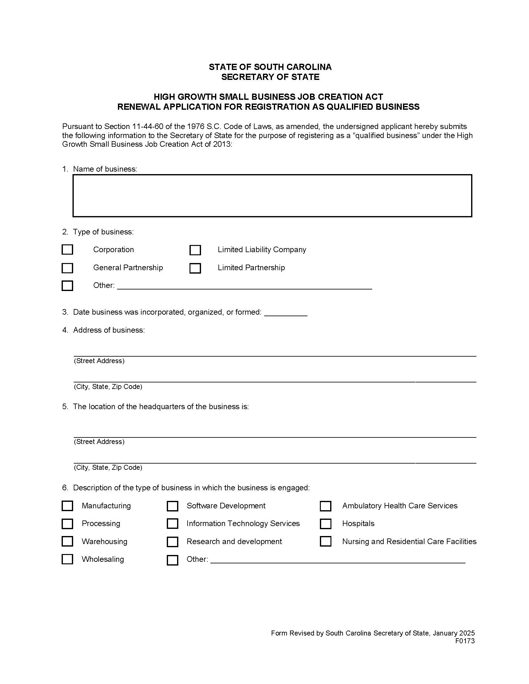 Renewal Application For Registration As A Qualified Business | Pdf Fpdf Docx | South Carolina