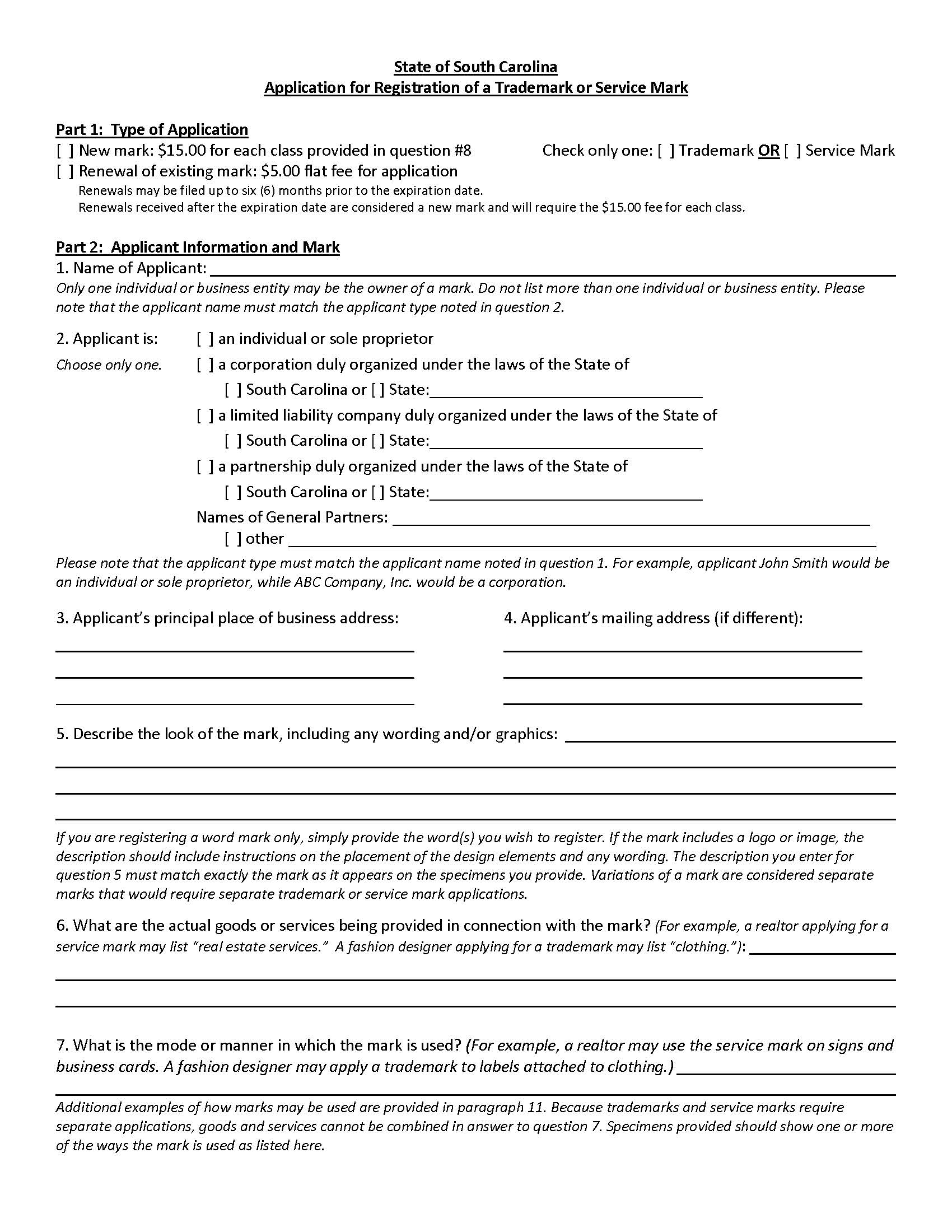 Application For Registration Of Trademark Or Service Mark | Pdf Fpdf Doc Docx | South Carolina