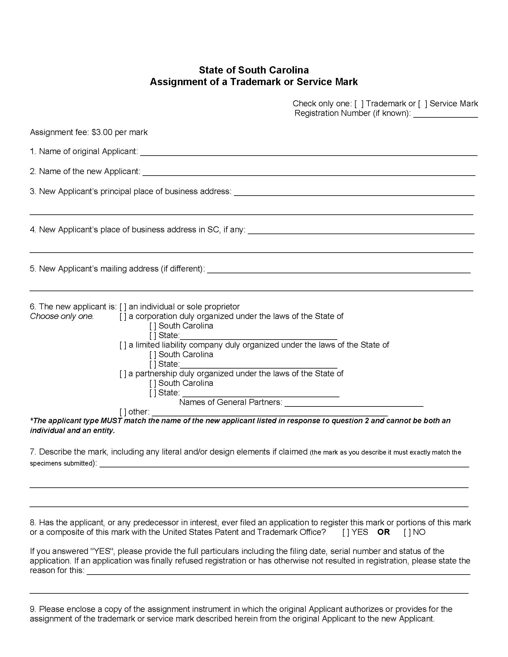 Trademark And Service Mark Assignment Application (Assignment Of A Trademark Or Servce Mark) | Pdf Fpdf Doc Docx | South Carolina