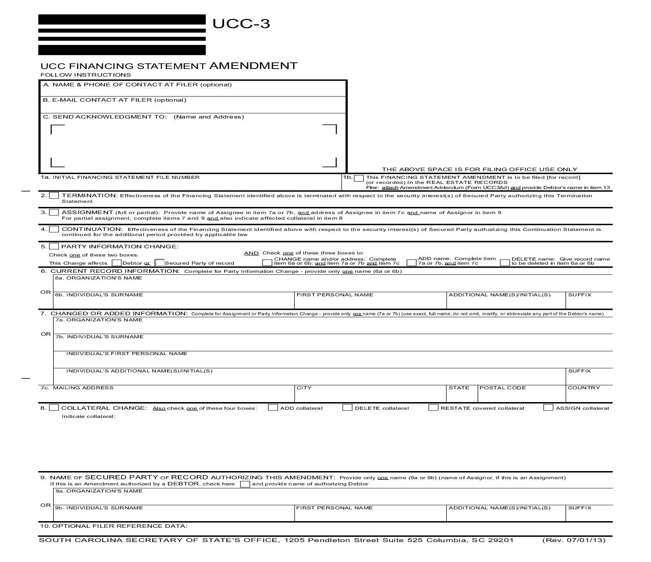 UCC-3 Financing Statement Amendment {UCC-3} | Pdf Fpdf Doc Docx | South Carolina