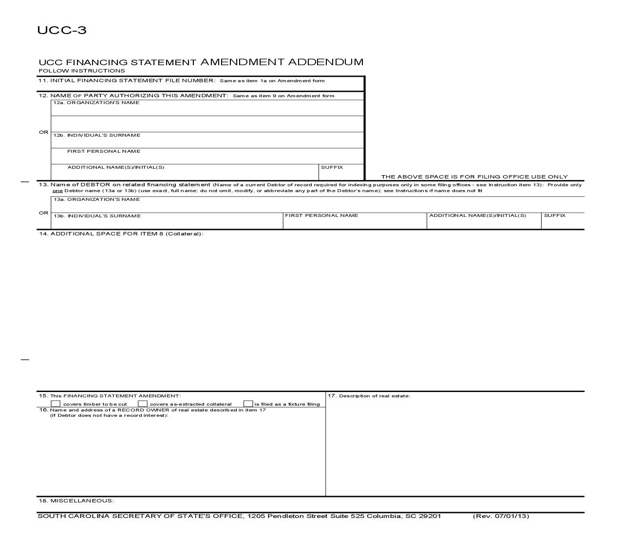UCC-3ad Financing Statement Amendment Addendum {UCC-3ad} | Pdf Fpdf Doc Docx | South Carolina