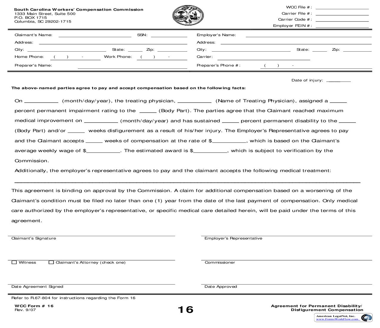 Agreement For Permanent Disability Or Disfigurement Compensation {16} | Pdf Fpdf Doc Docx | South Carolina