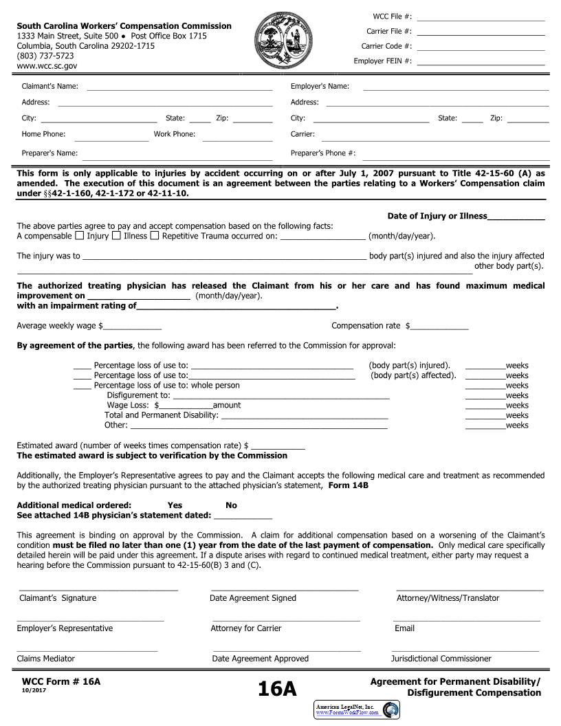 Agreement For Permanent Disability Or Disfigurement Compensation {16A} | Pdf Fpdf Docx | South Carolina