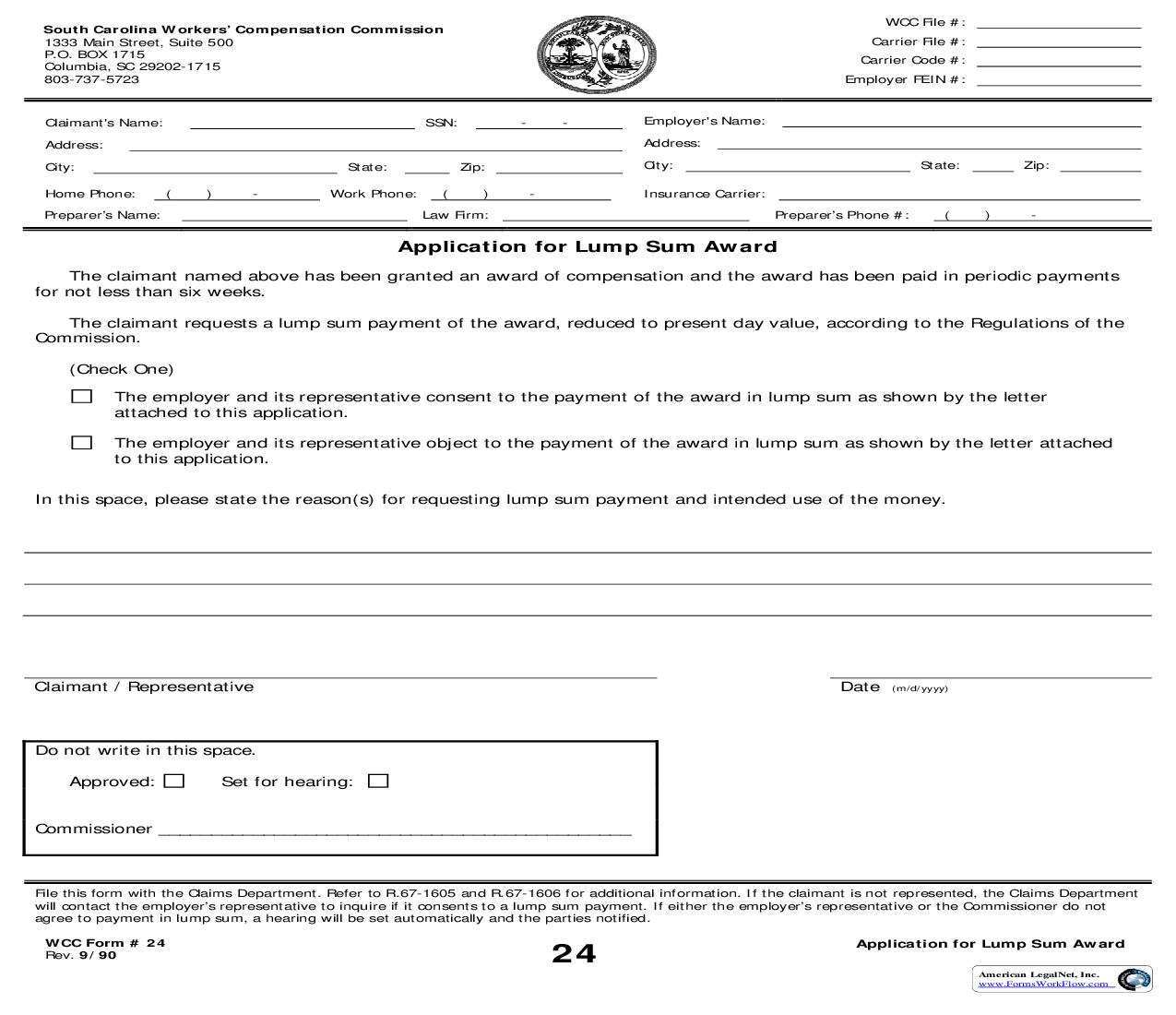 Application For Lump Sum Award {24} | Pdf Fpdf Doc Docx | South Carolina