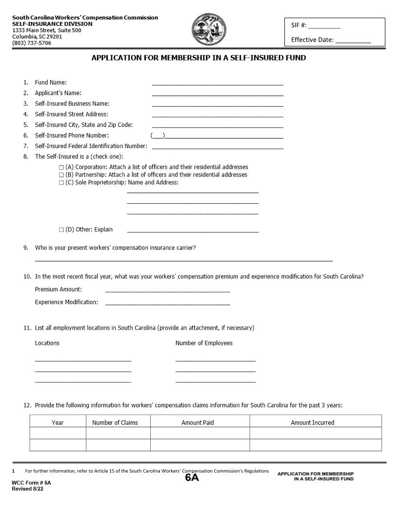 Application For Membership In Self-Insured Fund {6A} | Pdf Fpdf Doc Docx | South Carolina
