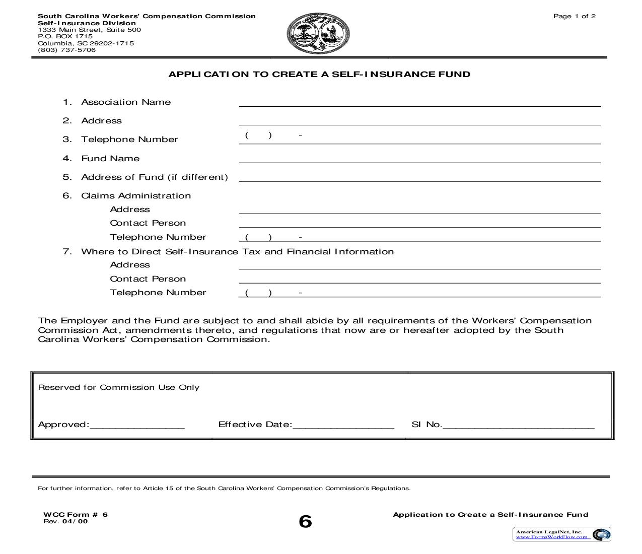 Application To Create Self-Insurance Fund {6} | Pdf Fpdf Doc Docx | South Carolina