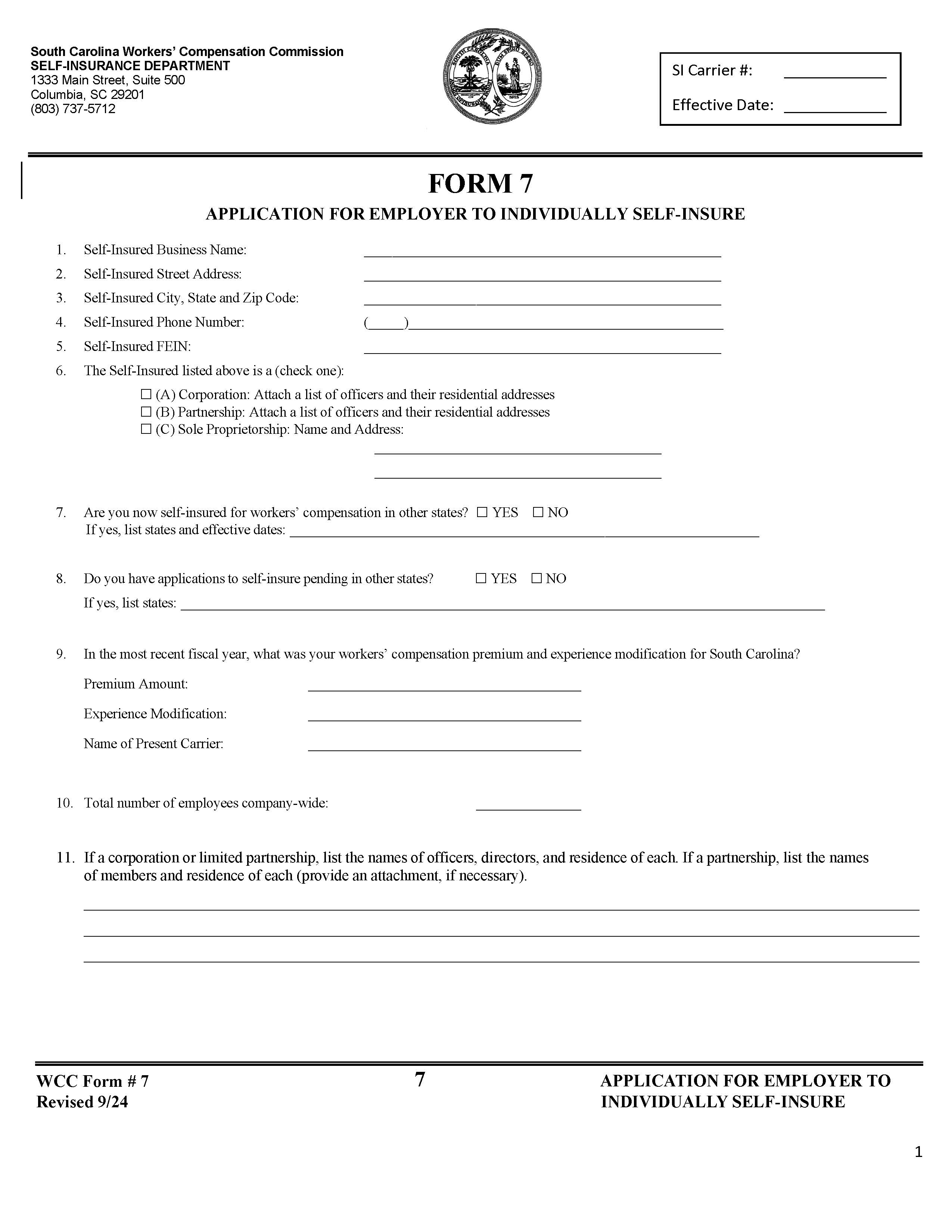 Application To Individually Self-Insure {7} | Pdf Fpdf Doc Docx | South Carolina