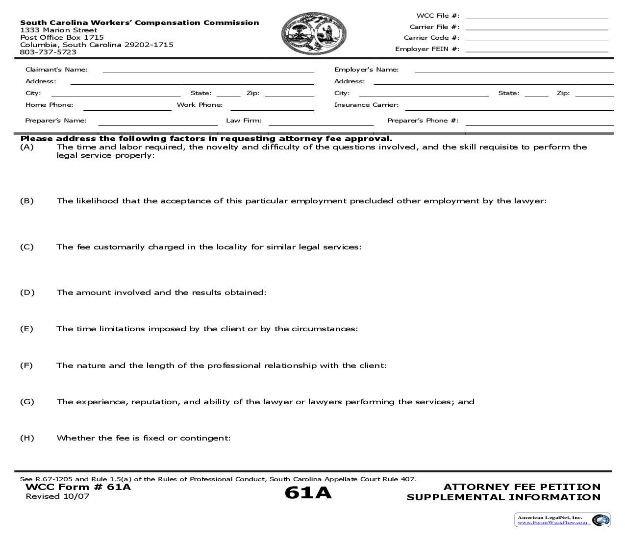 Attorney Fee Petition Supplemental Information {61A} | Pdf Fpdf Doc Docx | South Carolina