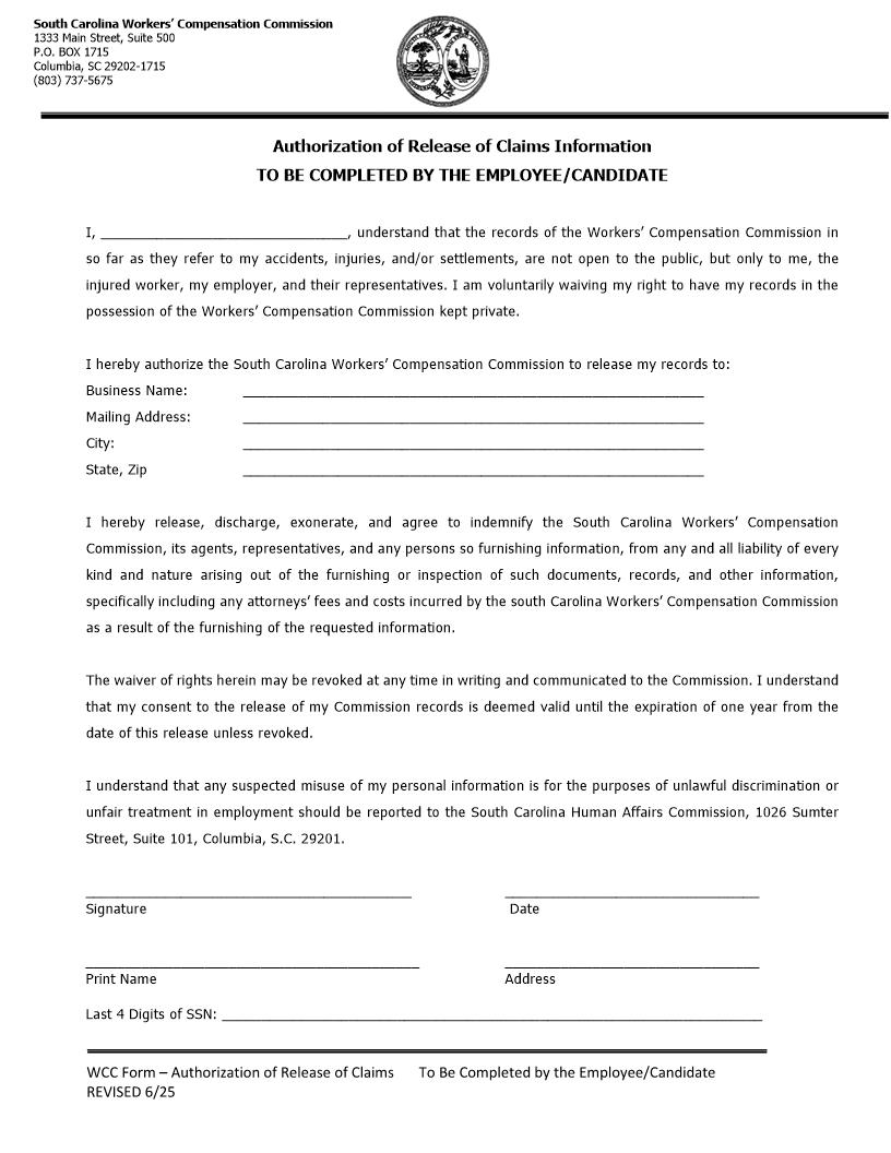 Authorization Of Release Of Claims Information | Pdf Fpdf Docx | South Carolina