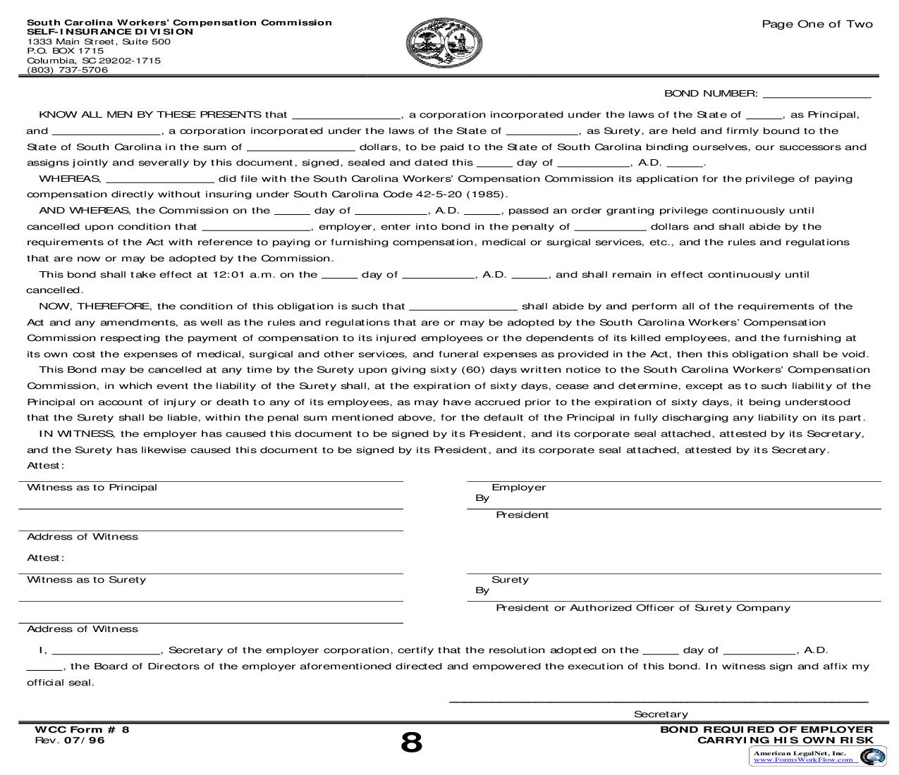 Bond Required Of Employer Carrying His Own Risk {8} | Pdf Fpdf Doc Docx | South Carolina