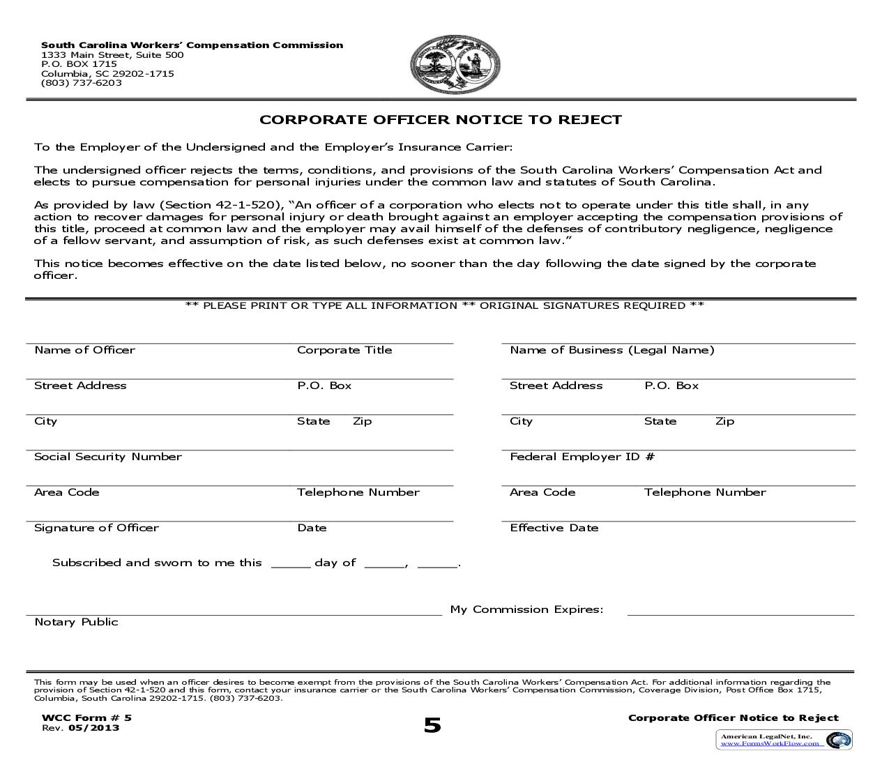 Corporate Officer Notice To Reject {5} | Pdf Fpdf Doc Docx | South Carolina