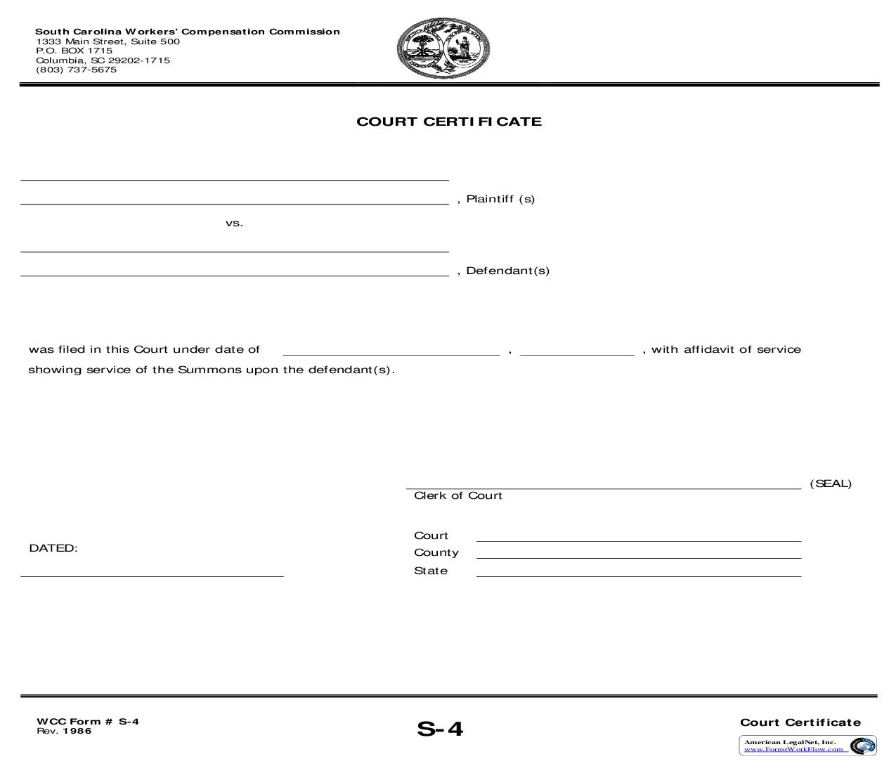 Court Certificate {S-4} | Pdf Fpdf Doc Docx | South Carolina