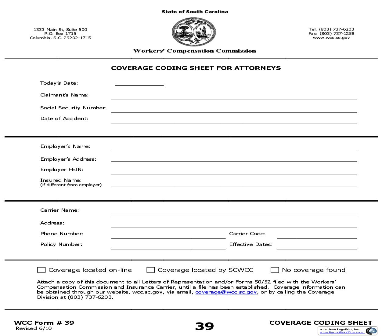 Coverage Coding Sheet For Attorneys {39} | Pdf Fpdf Doc Docx | South Carolina