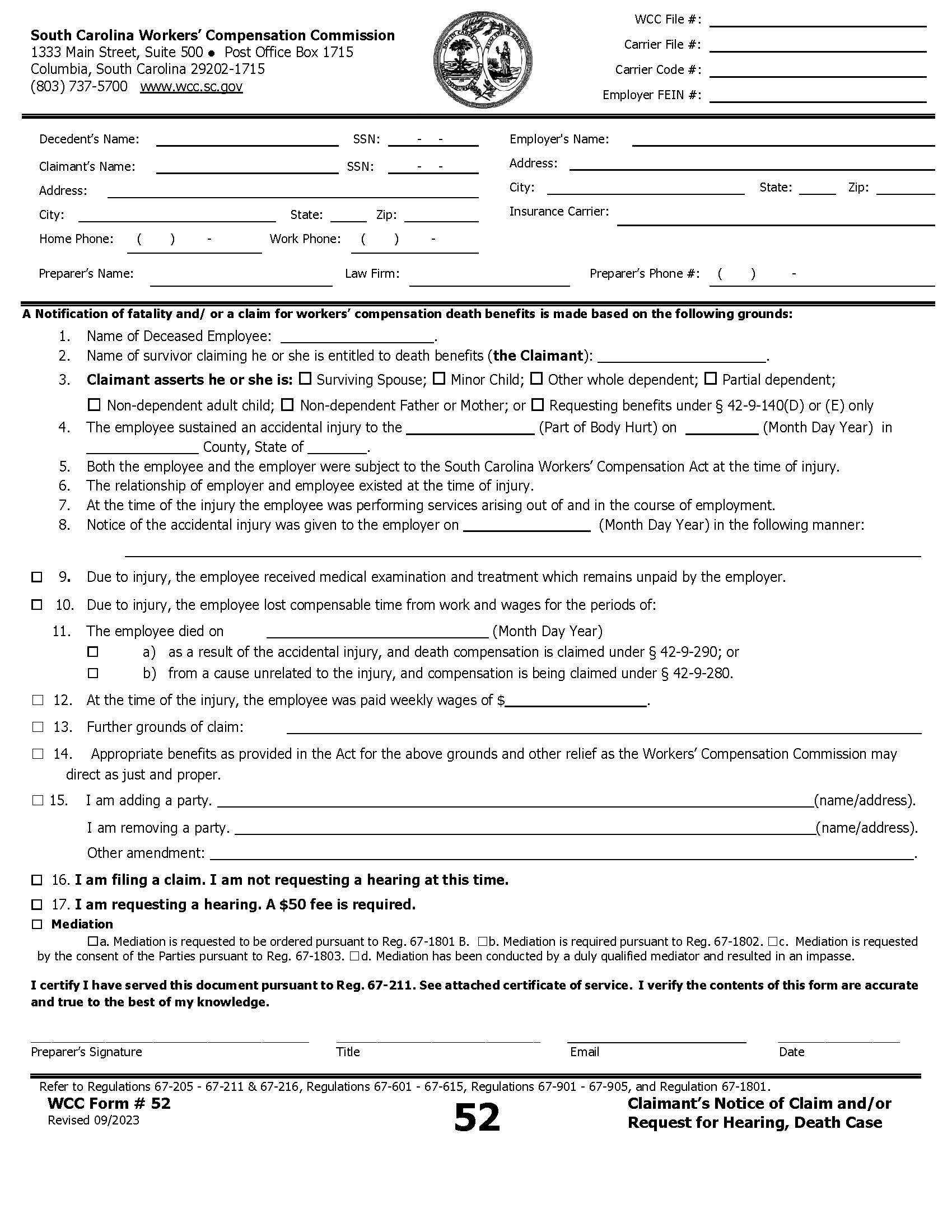 Employees Notice Of Claim And Or Request For Hearing - Death Case {52} | Pdf Fpdf Doc Docx | South Carolina