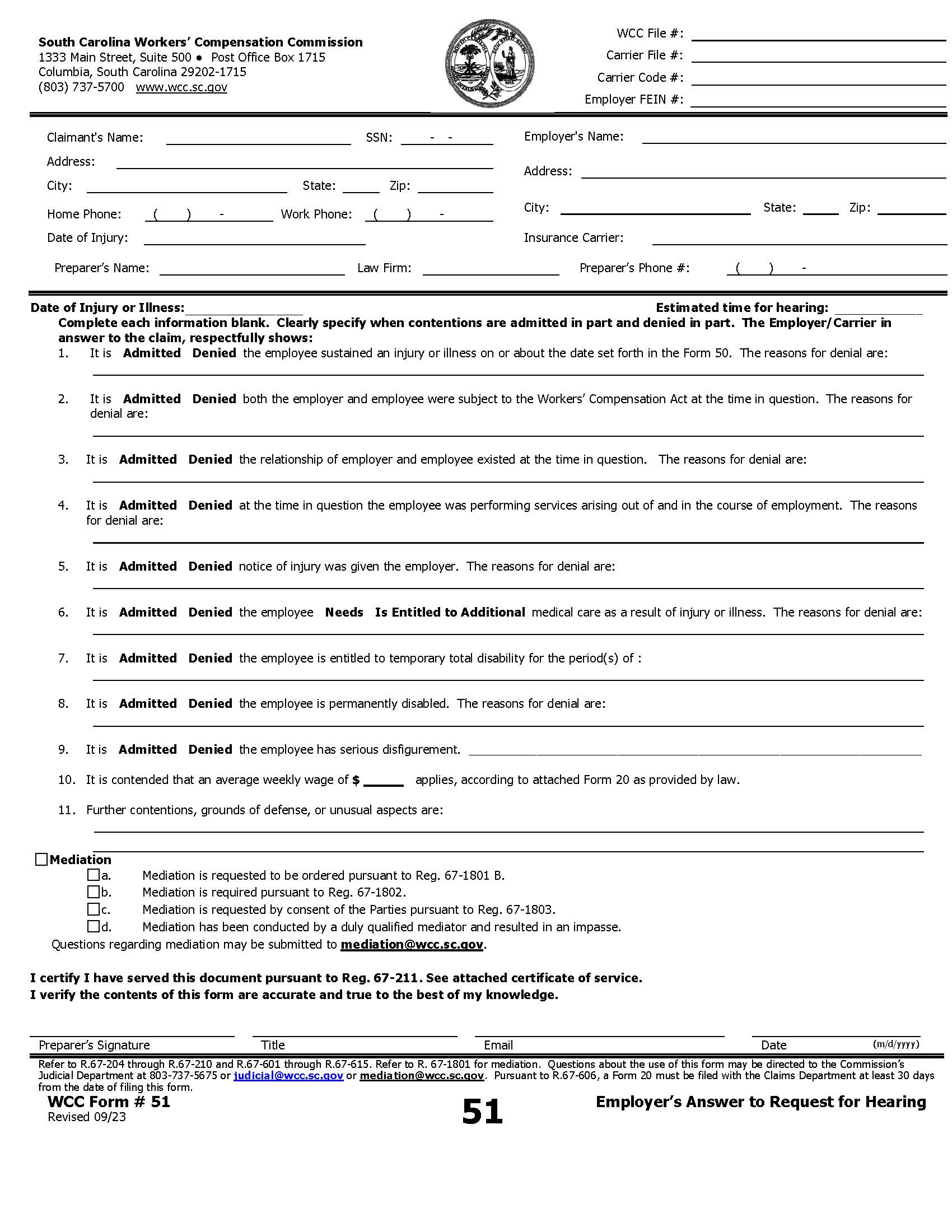 Employers Answer To Request For Hearing {51} | Pdf Fpdf Doc Docx | South Carolina