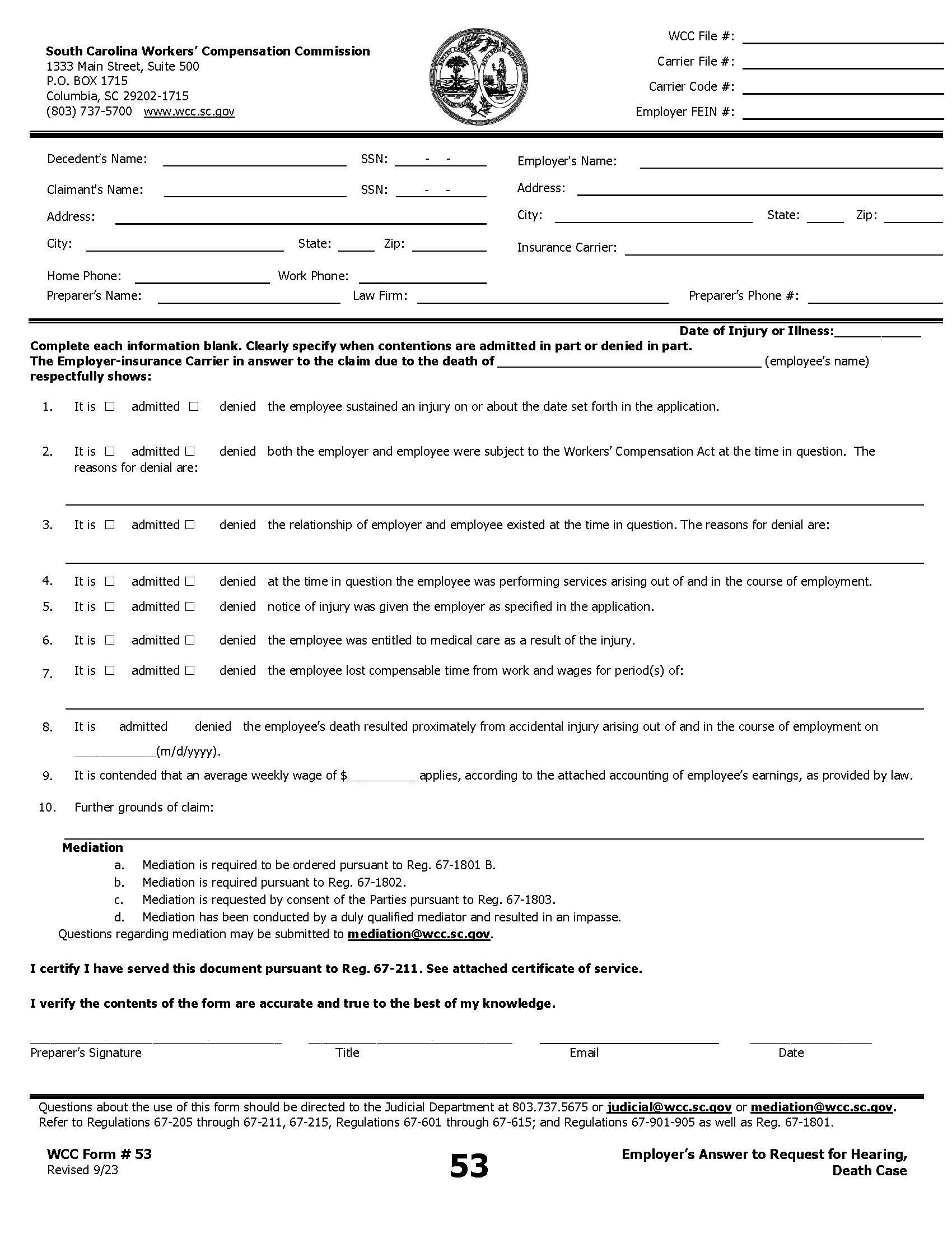 Employers Answer To Request For Hearing Death Case {53} | Pdf Fpdf Doc Docx | South Carolina