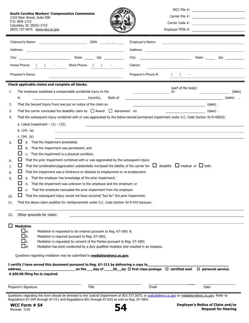 Employers Notice Of Claim And Or Request For Hearing {54} | Pdf Fpdf Doc Docx | South Carolina