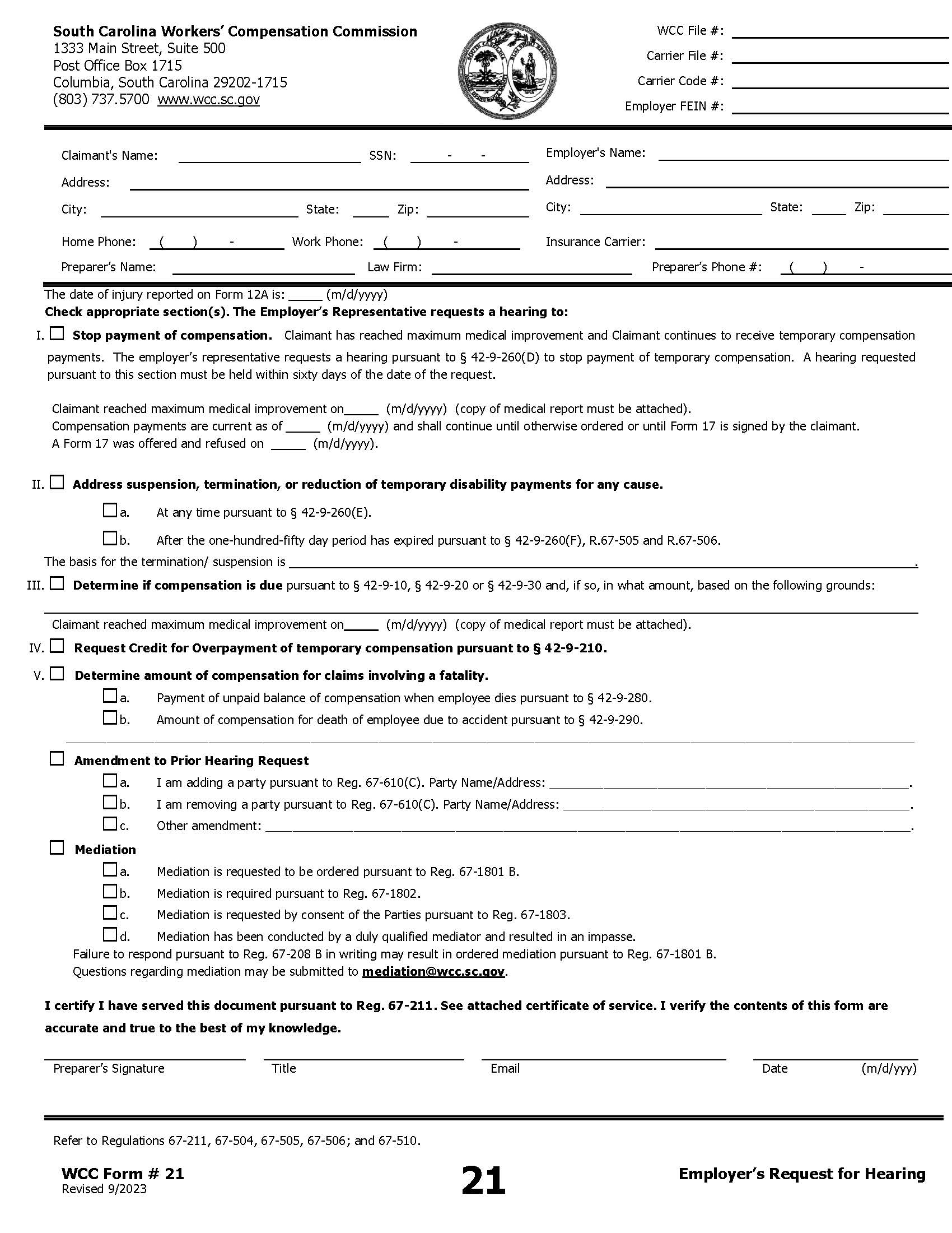 Employers Request For Hearing {21} | Pdf Fpdf Doc Docx | South Carolina