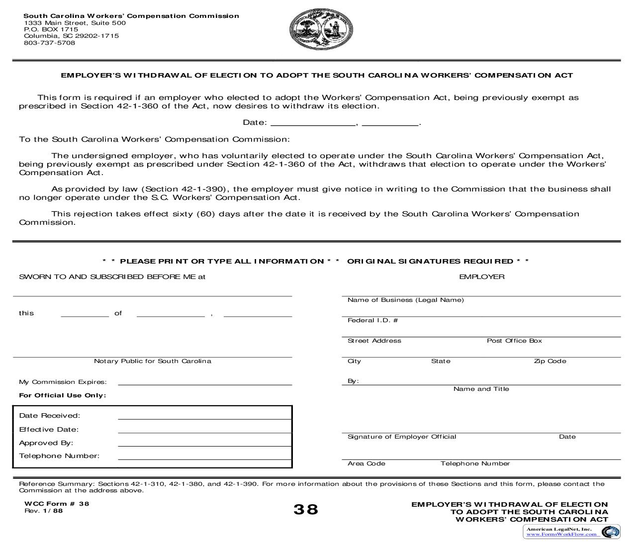 Employers Withdrawal Election To Adopt Workers Comp Act {38} | Pdf Fpdf Doc Docx | South Carolina