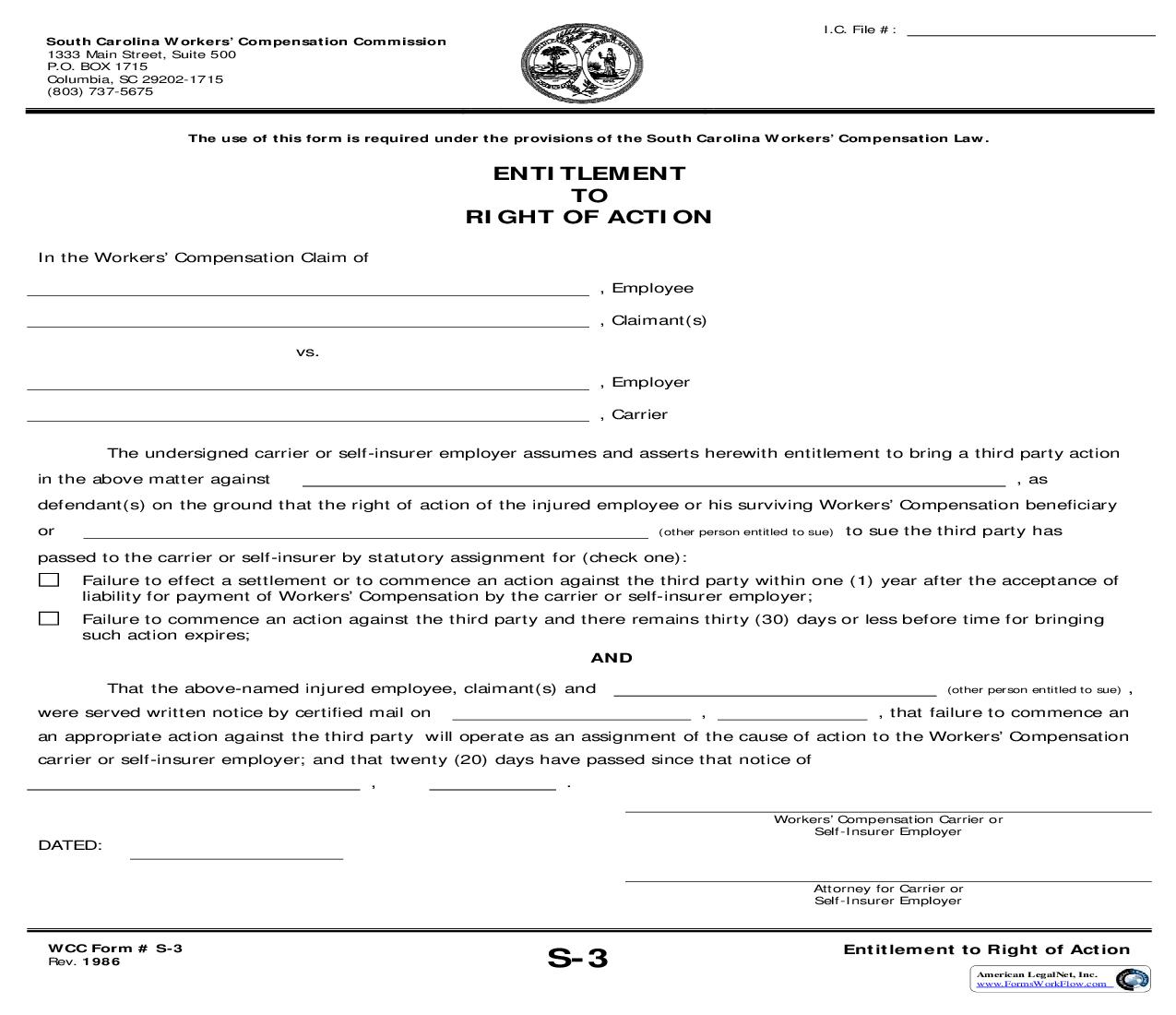 Entitlement To Right Of Action {S-3} | Pdf Fpdf Doc Docx | South Carolina